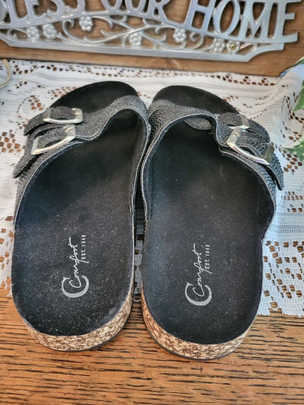 Cato Comfort Black Double Strap Cork Footbed Sandal 8 Rhinestones Travel Support - Picture 4 of 9